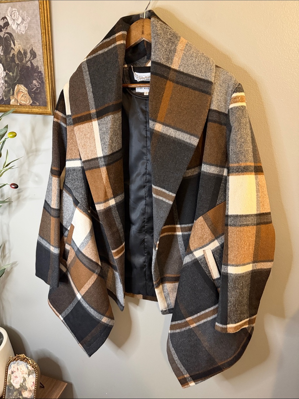 Chicwish Plaid Waterfall Jacket Wool Blend Open Front Drape Coat Brown Gray S - Picture 5 of 8